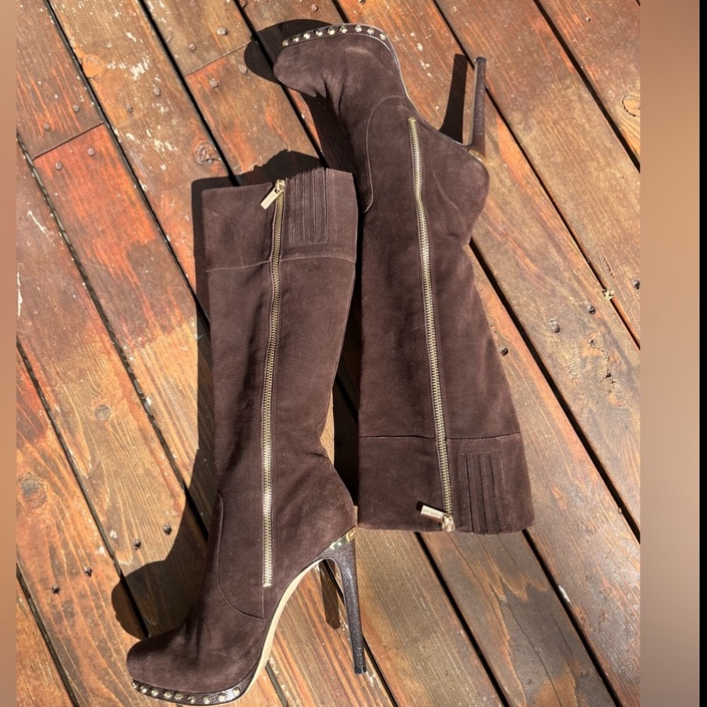 Micheal Kors Brown Suede Gold Studded Boots - Picture 7 of 15